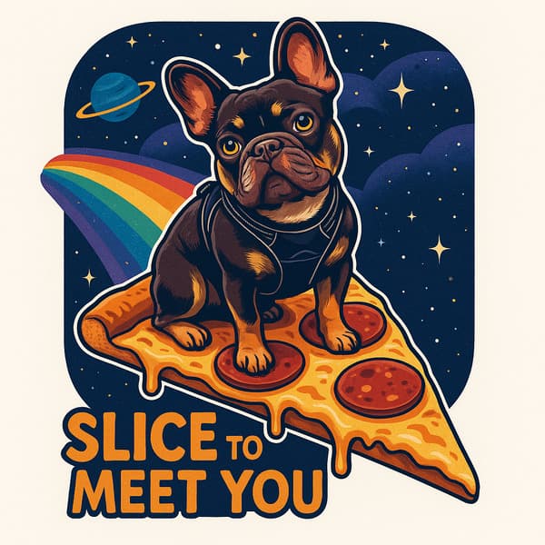 French bulldog surfing pizza slice through space with rainbow trail