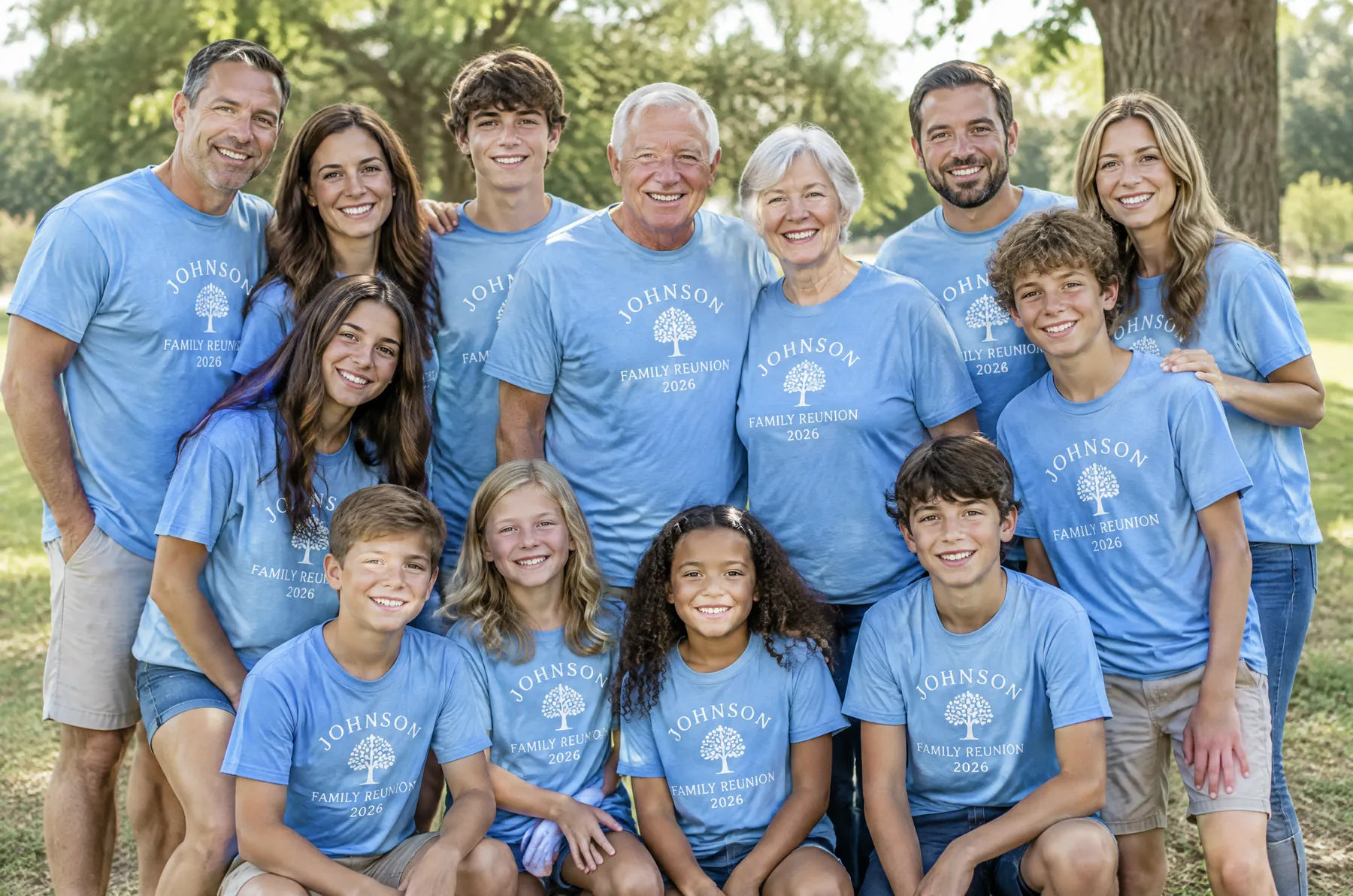 Family reunion group wearing matching light blue shirts