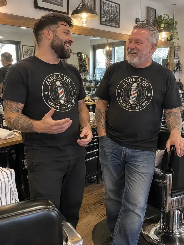 Two barbers in black Fade and Co shirts in their shop