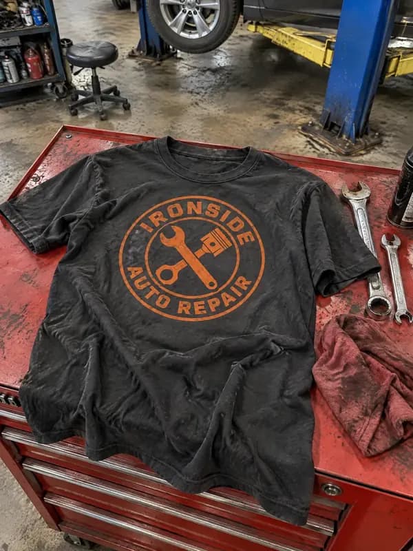 A charcoal Ironside Auto Repair shirt on a red tool chest