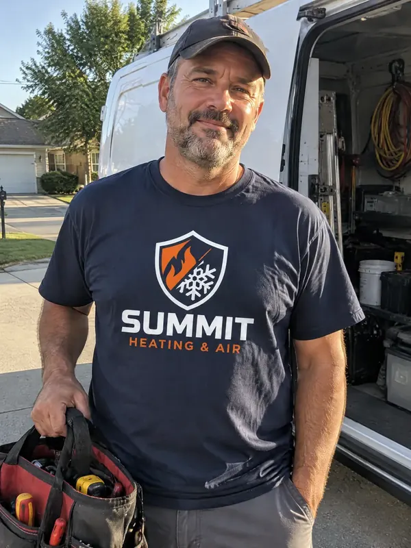 An HVAC technician in a navy Summit Heating and Air shirt by his van